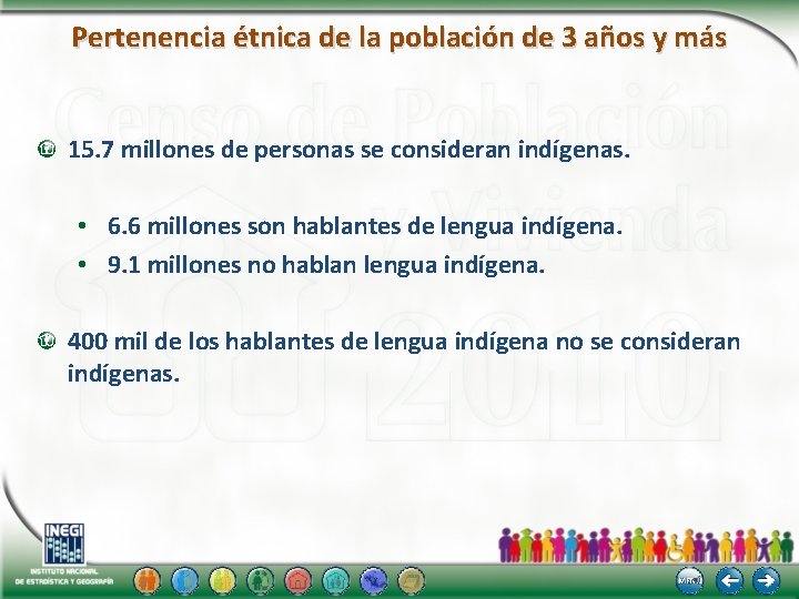 Pertenencia étnica de la población de 3 años y más 15. 7 millones de