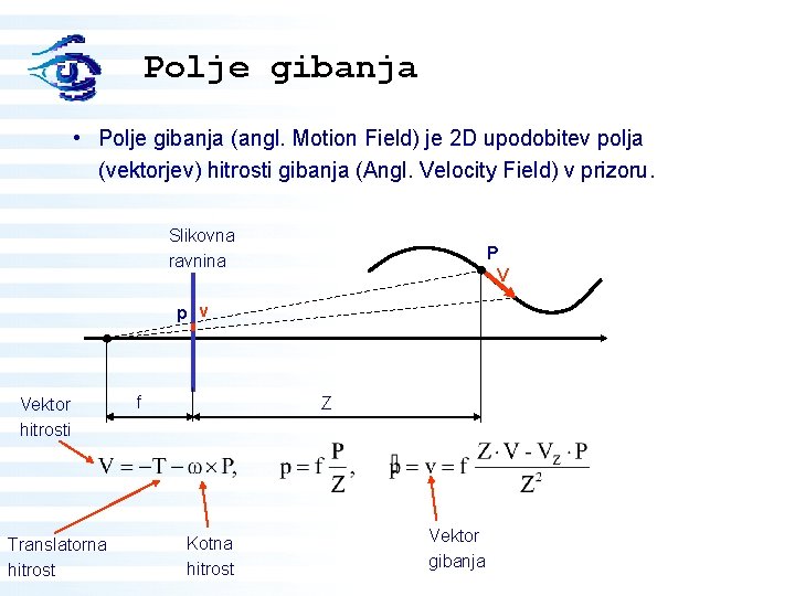 Polje gibanja • Polje gibanja (angl. Motion Field) je 2 D upodobitev polja (vektorjev)