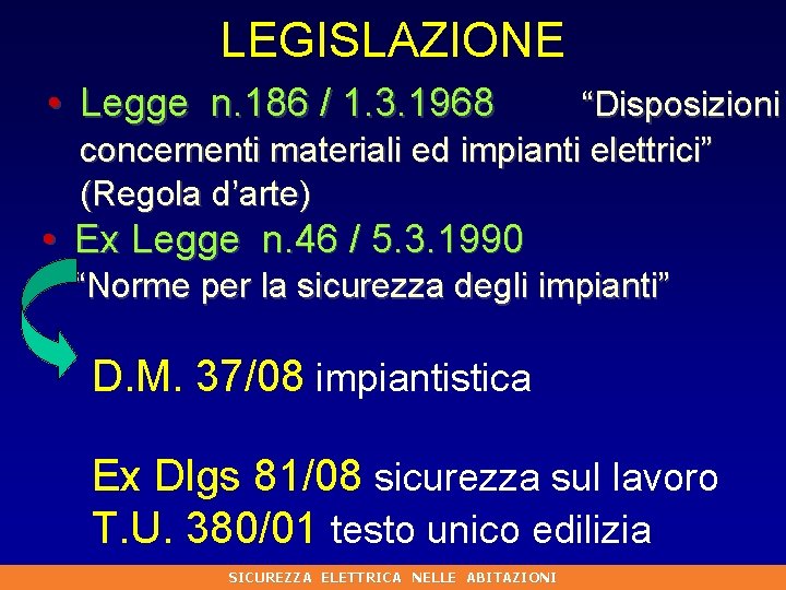 LEGISLAZIONE • Legge n. 186 / 1. 3. 1968 “Disposizioni concernenti materiali ed impianti