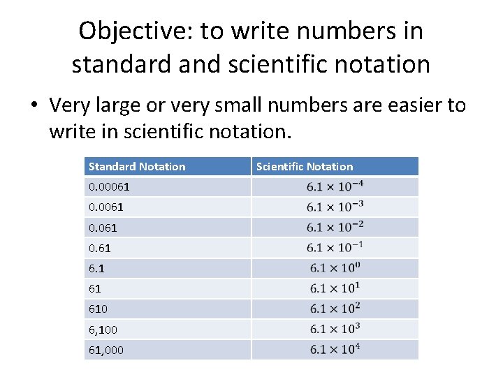 Objective: to write numbers in standard and scientific notation • Very large or very