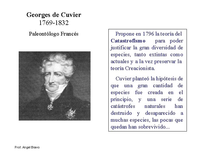 Georges de Cuvier 1769 -1832 Paleontólogo Francés Propone en 1796 la teoría del Catastrofismo