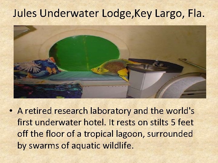 Jules Underwater Lodge, Key Largo, Fla. • A retired research laboratory and the world's