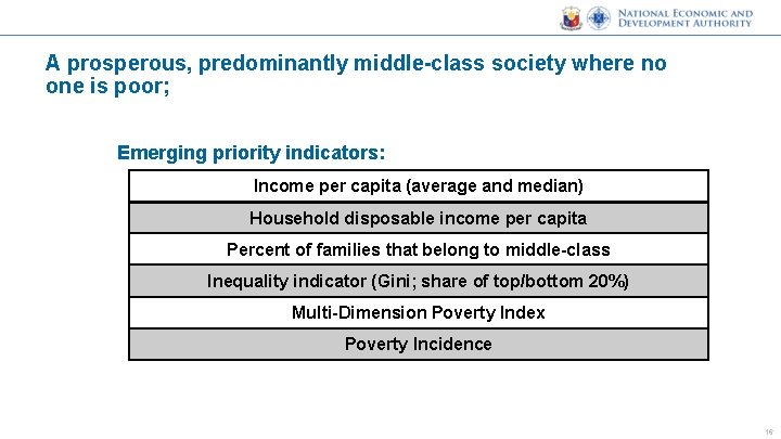 A prosperous, predominantly middle-class society where no one is poor; Emerging priority indicators: Income