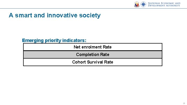 A smart and innovative society Emerging priority indicators: Net enrolment Rate Completion Rate Cohort