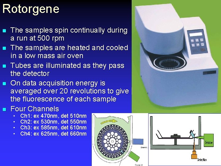 Rotorgene The samples spin continually during a run at 500 rpm The samples are