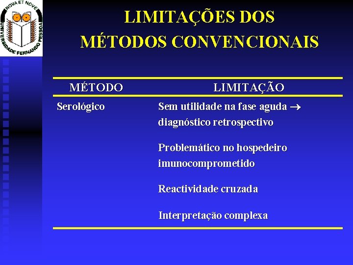 LIMITAÇÕES DOS MÉTODOS CONVENCIONAIS MÉTODO Serológico LIMITAÇÃO Sem utilidade na fase aguda diagnóstico retrospectivo