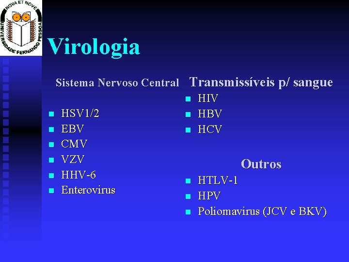 Virologia Sistema Nervoso Central Transmissíveis p/ sangue HIV HSV 1/2 HBV EBV HCV CMV