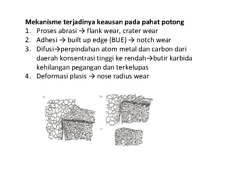 Mekanisme terjadinya keausan pada pahat potong 1. Proses abrasi → flank wear, crater wear