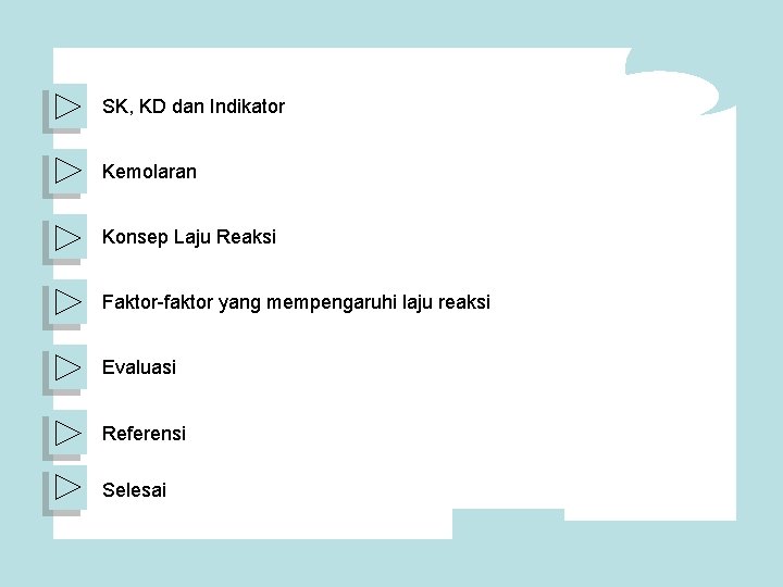 SK, KD dan Indikator Kemolaran Konsep Laju Reaksi Faktor-faktor yang mempengaruhi laju reaksi Evaluasi