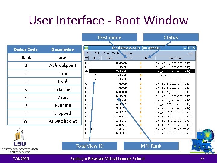 User Interface - Root Window Host name Status Code Description Blank Exited B At