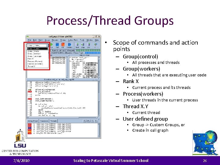 Process/Thread Groups • Scope of commands and action points – Group(control) • All processes