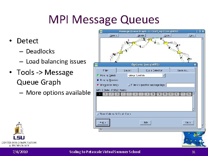 MPI Message Queues • Detect – Deadlocks – Load balancing issues • Tools ->