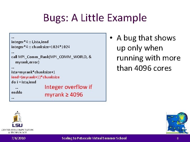 Bugs: A Little Example … integer*4 : : i, ista, iend integer*4 : :