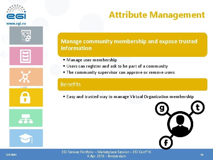 Attribute Management Manage community membership and expose trusted information • Manage user membership •