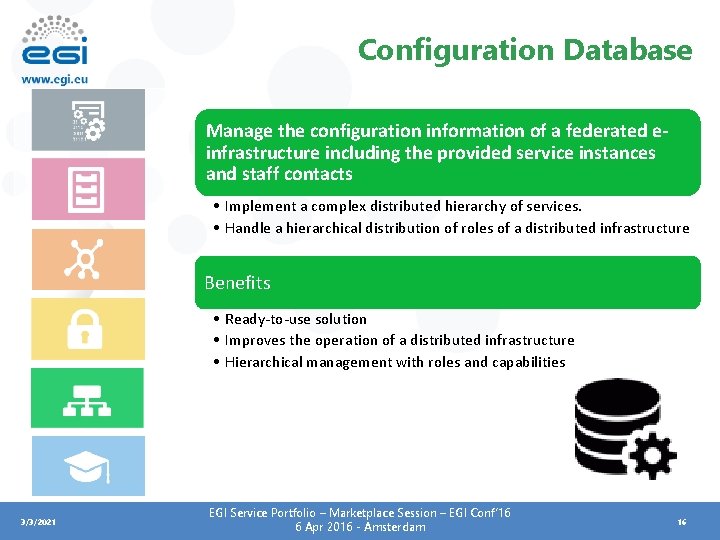 Configuration Database Manage the configuration information of a federated einfrastructure including the provided service