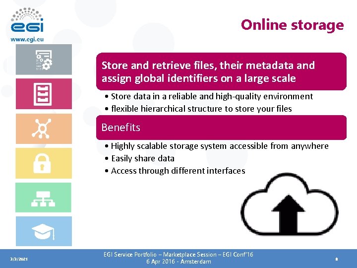 Online storage Store and retrieve files, their metadata and assign global identifiers on a