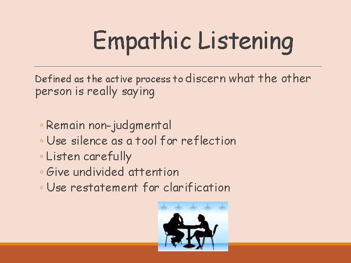 Empathic Listening Defined as the active process to discern person is really saying what