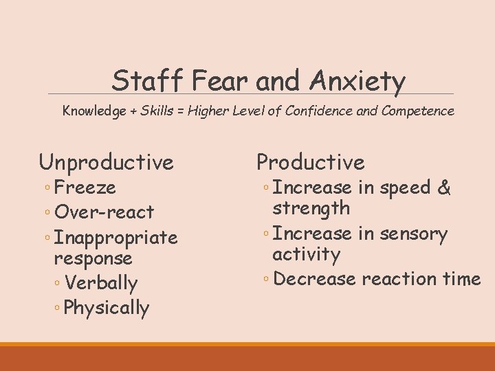 Staff Fear and Anxiety Knowledge + Skills = Higher Level of Confidence and Competence