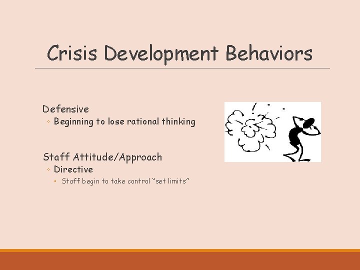 Crisis Development Behaviors Defensive ◦ Beginning to lose rational thinking Staff Attitude/Approach ◦ Directive