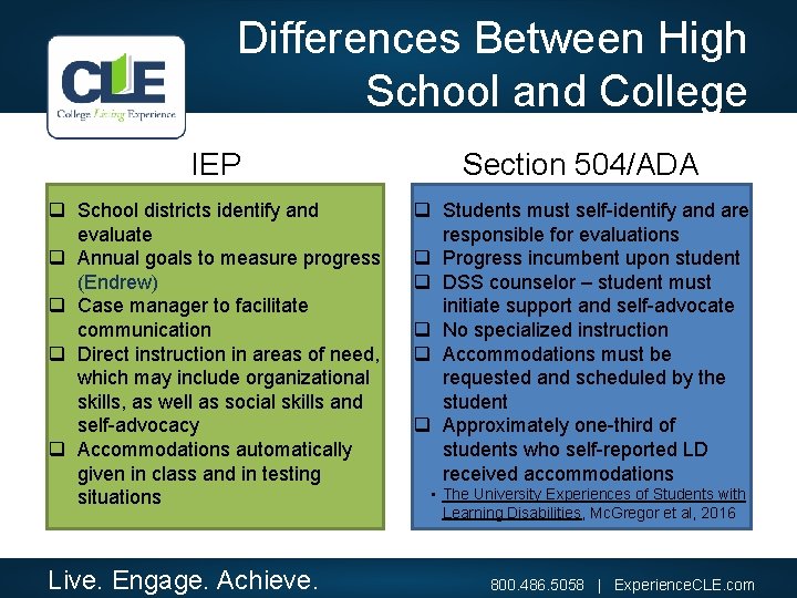 Differences Between High School and College IEP Section 504/ADA q School districts identify and