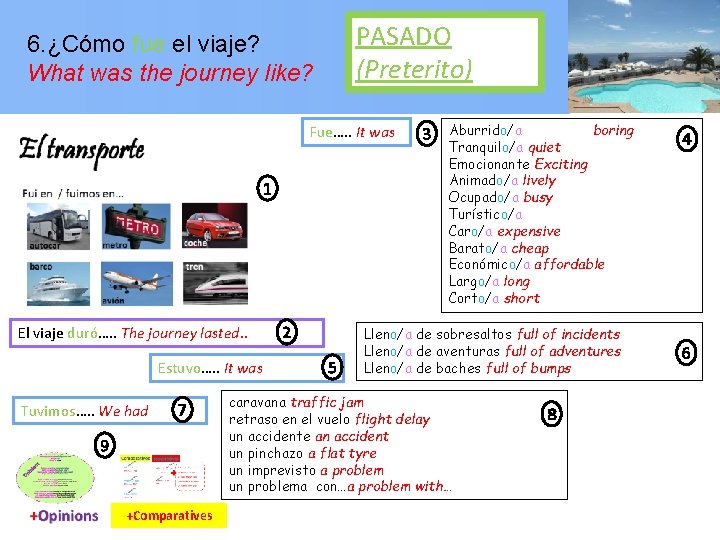 PASADO (Preterito) 6. ¿Cómo fue el viaje? What was the journey like? Fue…. .
