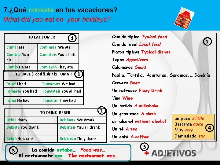7. ¿Qué comiste en tus vacaciones? What did you eat on your holidays? TO