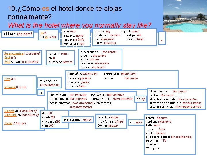 10. ¿Cómo es el hotel donde te alojas normalmente? What is the hotel where