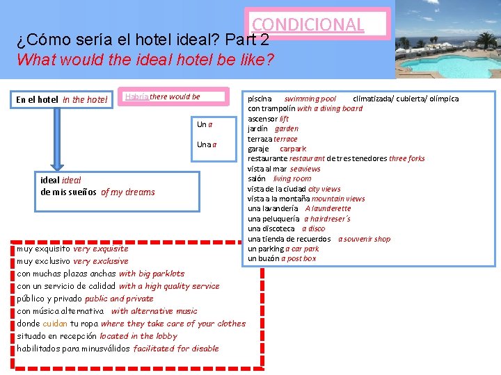CONDICIONAL ¿Cómo sería el hotel ideal? Part 2 What would the ideal hotel be