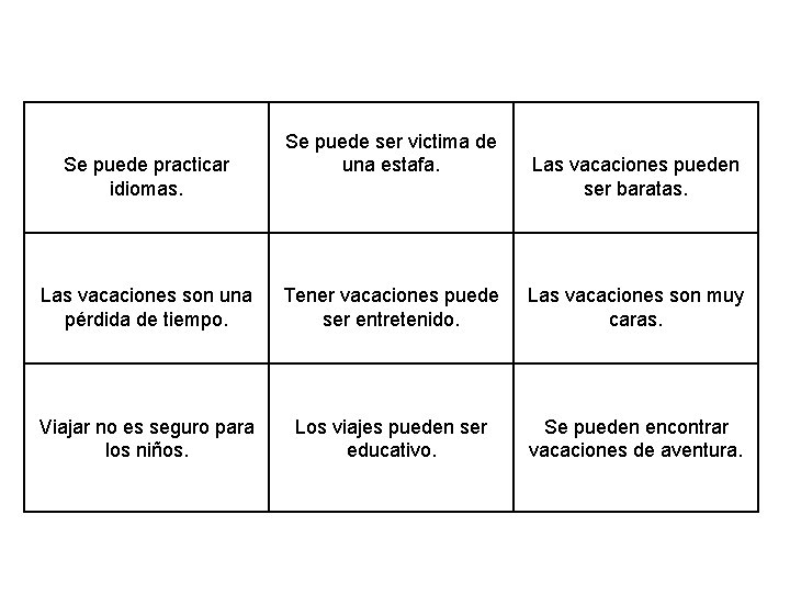 Se puede practicar idiomas. Se puede ser victima de una estafa. Las vacaciones pueden