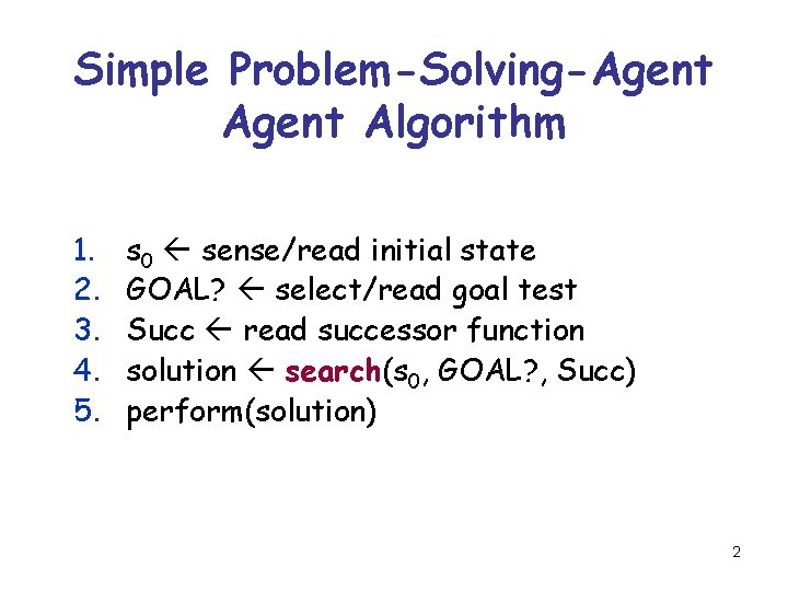 Simple Problem-Solving-Agent Algorithm 1. 2. 3. 4. 5. s 0 sense/read initial state GOAL?
