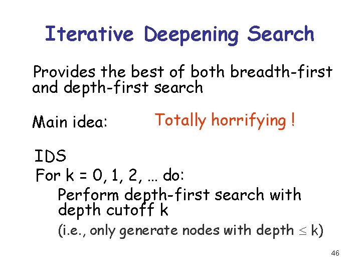 Iterative Deepening Search Provides the best of both breadth-first and depth-first search Main idea: