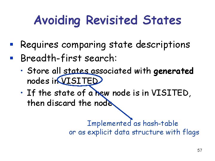 Avoiding Revisited States § Requires comparing state descriptions § Breadth-first search: • Store all