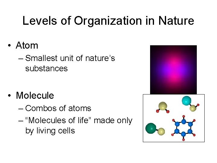Levels of Organization in Nature • Atom – Smallest unit of nature’s substances •
