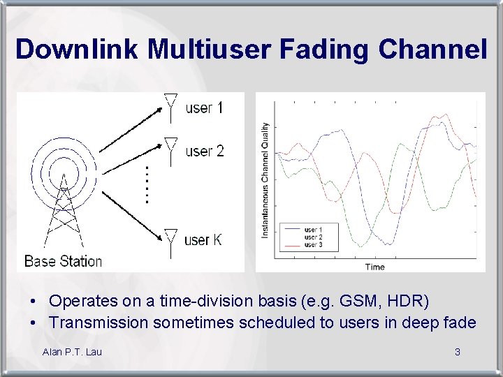 Downlink Multiuser Fading Channel • Operates on a time-division basis (e. g. GSM, HDR)