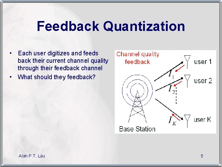 Feedback Quantization • Each user digitizes and feeds back their current channel quality through