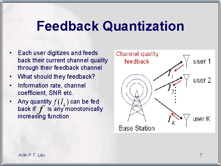 Feedback Quantization • Each user digitizes and feeds back their current channel quality through