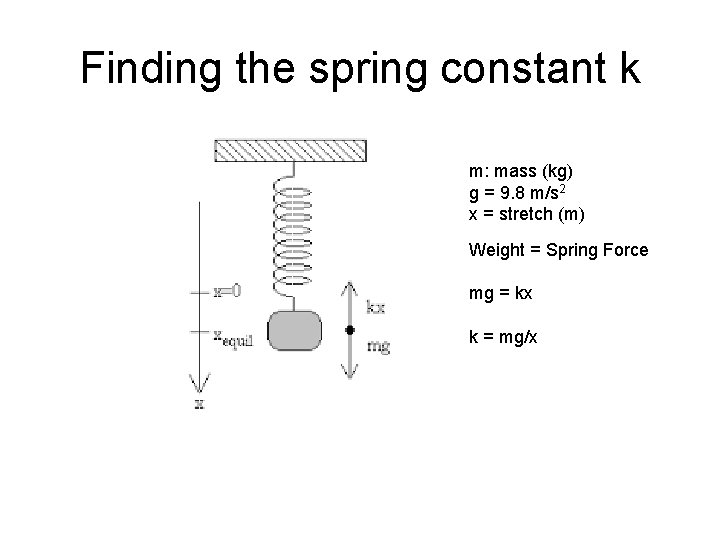 Finding the spring constant k m: mass (kg) g = 9. 8 m/s 2