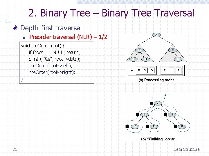 2. Binary Tree – Binary Tree Traversal Depth-first traversal n Preorder traversal (NLR) – 2. Binary Tree – Binary Tree Traversal Depth-first traversal n Preorder traversal (NLR) –