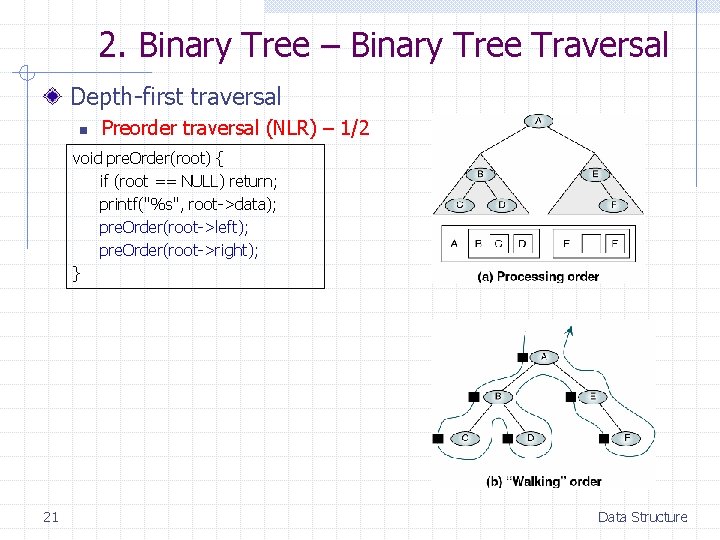 2. Binary Tree – Binary Tree Traversal Depth-first traversal n Preorder traversal (NLR) –