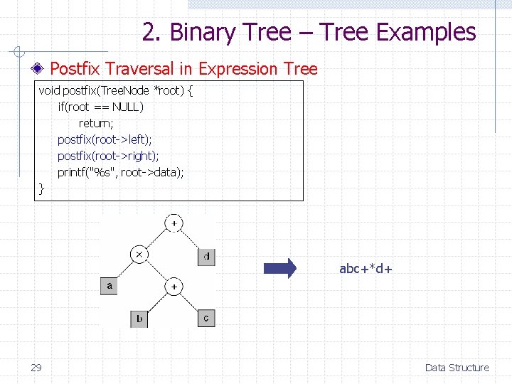 2. Binary Tree – Tree Examples Postfix Traversal in Expression Tree void postfix(Tree. Node 2. Binary Tree – Tree Examples Postfix Traversal in Expression Tree void postfix(Tree. Node