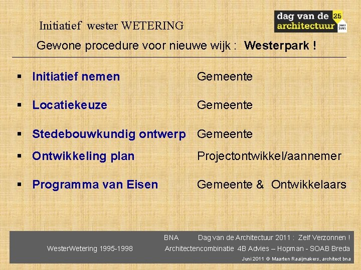 Initiatief wester WETERING Gewone procedure voor nieuwe wijk : Westerpark ! § Initiatief nemen
