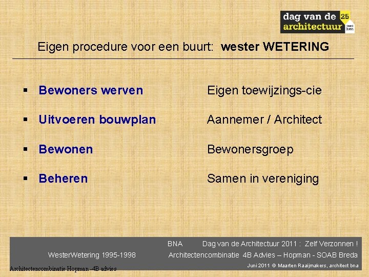 Eigen procedure voor een buurt: wester WETERING § Bewoners werven Eigen toewijzings-cie § Uitvoeren