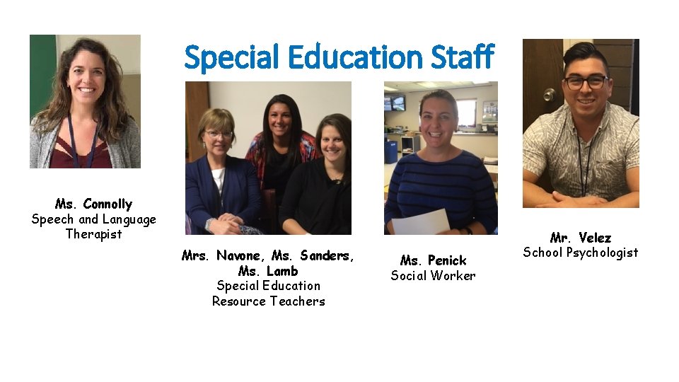 Special Education Staff Ms. Connolly Speech and Language Therapist Mrs. Navone, Ms. Sanders, Ms.