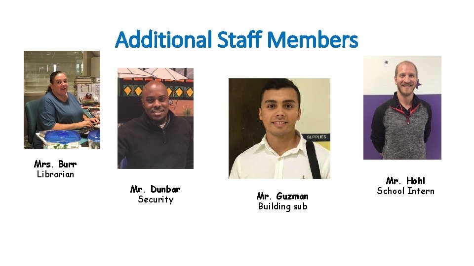 Additional Staff Members Mrs. Burr Librarian Mr. Dunbar Security Mr. Guzman Building sub Mr.