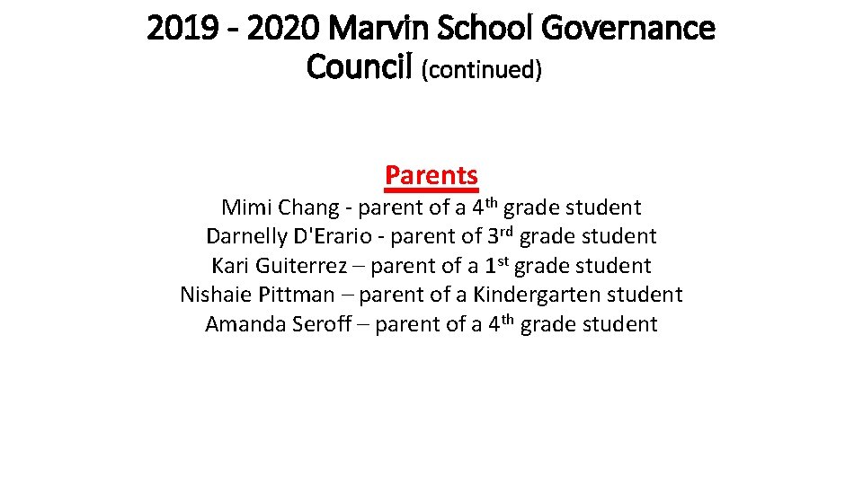 2019 - 2020 Marvin School Governance Council (continued) Parents Mimi Chang - parent of