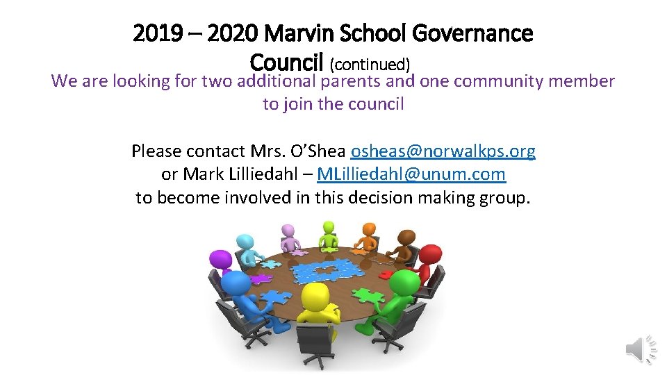 2019 – 2020 Marvin School Governance Council (continued) We are looking for two additional