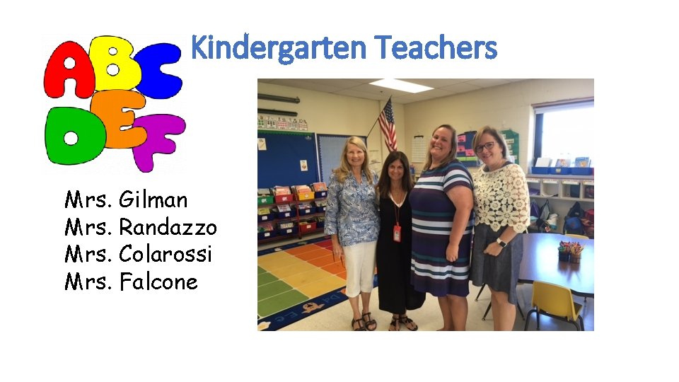 Kindergarten Teachers Mrs. Gilman Mrs. Randazzo Mrs. Colarossi Mrs. Falcone 