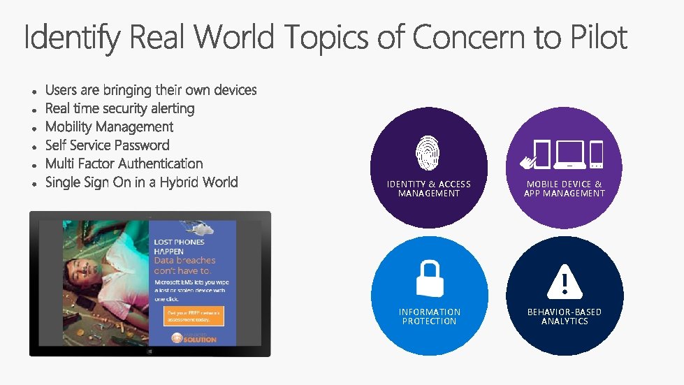 IDENTITY & ACCESS MANAGEMENT MOBILE DEVICE & APP MANAGEMENT INFORMATION PROTECTION BEHAVIOR-BASED ANALYTICS 