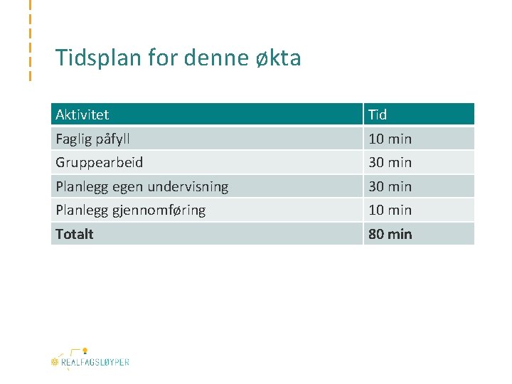 Tidsplan for denne økta Aktivitet Tid Faglig påfyll 10 min Gruppearbeid 30 min Planlegg