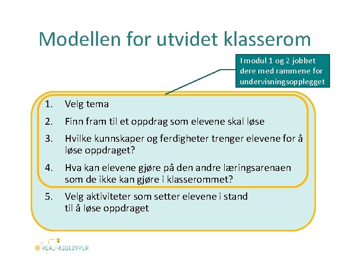 Modellen for utvidet klasserom I modul 1 og 2 jobbet dere med rammene for